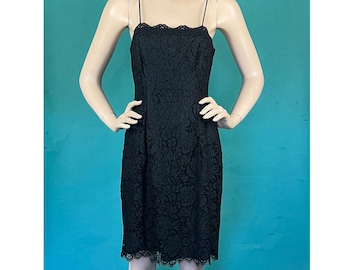 Vintage 80s Lillie Rubin Black Floral Lace Spaghetti Strap Formal Evening Body Con LBD Dress size 10