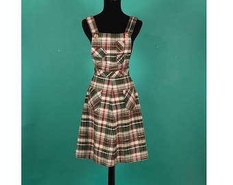 Pleated Overall Madras Plaid Jumper Vintage 70s School girl Overall Skirt Pocketed Cross Strap Apron Dress size XS