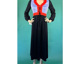 Vintage 70s Colorblock Lace Up Empire Waist Bishop Long Sleeve Fitted Alamor New York Maxi Dress