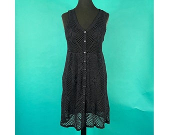 Vintage 70s Black Flower Crochet Knit Net Button Up Fit a Flair Tank Beach Summer Dress