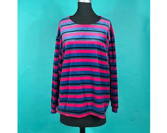 Vintage 80s Jewel Colored Stripe Boatneck Long Sleeve Jaclyn Smith Sport Velour Top size XL