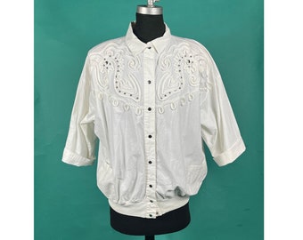 Vintage 80s White Rope and Stud Embroidered Snap button Katerina Pocket Blouse size XL