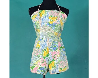 Vintage 60s Halter Tie Bright Pastel Floral One Piece Romper Playsuit size Medium