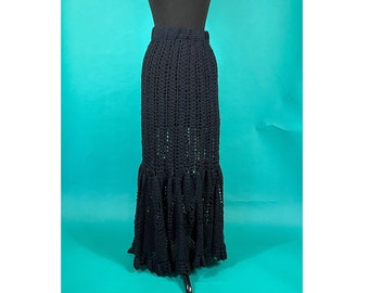 Vintage 90s Black Crochet Knit Long Mermaid Fit and Flair Von Saken Cotton Maxi Skirt