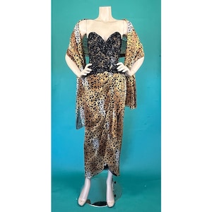 Vintage 90s Silk Sweetheart Cheetah Print Beaded Slit Lillie Rubin Lian Carlo Evening Gown size 10
