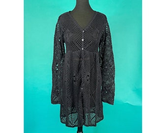 Vintage 80s Black Crochet Knit Flower Long Sleeve Button Up Pullover Empire Waist Dress