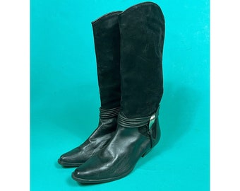 Vintage 80s Black Leather and Suede Silver Metal Buckle Calf Length Country Western Cowboy Women's New Ports Boots size 8