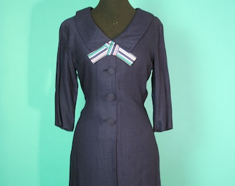 Vintage 1950s 50s Linen Big  Button up Secretary Business Madmen Navy Quarter Sleeve Flat Collar Striped Decorative Bow Fitted Dress Medium