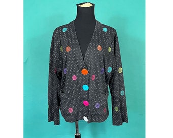 Vintage 80er Jahre Bunt Bestickt Richard and Company Polka Dot Langarm Pullover Over Pocketed Cotton Cardigan Größe Large