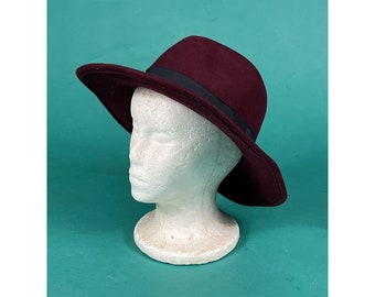 Vintage 80s Maroon Wine Wool Wide Flat Brim Country Western Cowboy Fedora Hat