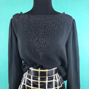 Sheer Black Blouse Vintage 90s Shoulder Keyhole Button Quarter Sleeve Applique Top size 14