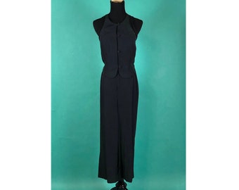 Black Sheer Back Vested Button Up Pleated Pant Tie Back Jumpsuit size 8 fits like XS