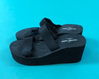 Black Foam Y2K  Double Strap Strappy Vintage 90s Platform Wedge Activ Pro Raver Sandals size 9 10 Large