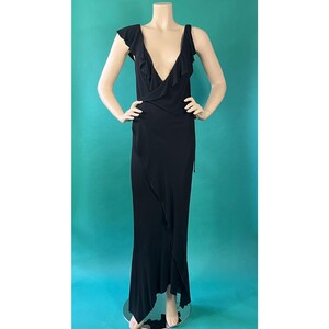 Vintage 90s Gianni Versace Couture Ruffled Deep V Black Wrapped Maxi Dress size 44