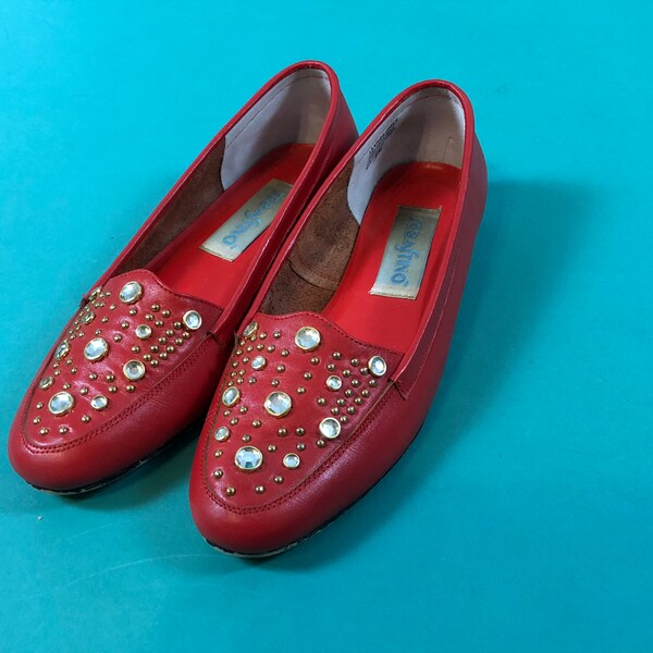 Rhinestone Red Leather Vintage 80s Sebastino Holiday Christmas Slip on Loafers size 6