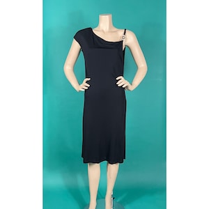 Vintage 90s GIANNI VERSACE Couture Designer Black Buckle Asymmetrical Cap Sleeve Cut Out Little Black Dress size 10