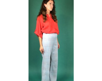 Light Blue Plaid Wide Leg Vintage 60s 70s Polyester Curvy Retro Pleated Pants