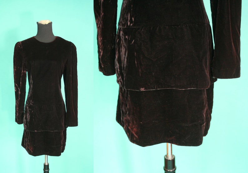 Vintage 1980s 80 Black CRUSHED Velvet Long Sleeve Tiered Skirt Little Black Dress Formal Holiday Designer Maggy London size 8