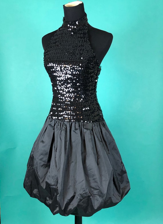 Black Sequins Halter Dress 80s Vintage Party Drop… - image 4