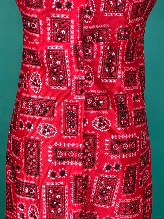 Red Bandana Shift Dress Vintage 70s Collared Slee… - image 6