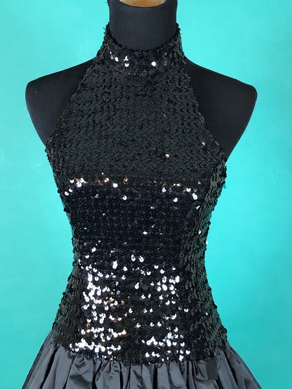 Black Sequins Halter Dress 80s Vintage Party Drop… - image 3