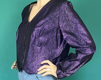 Vintage 80er Jahre Banjo Bolerojacke mit Reißverschluss, Metallic-Lila, Schlangenmuster, Größe XL