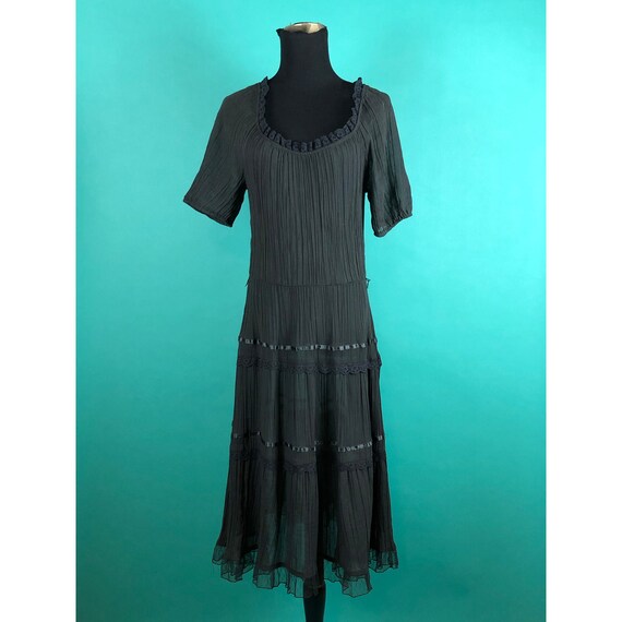 Black Lace Prairie Dress Vintage 70s Ribbon Ruffle