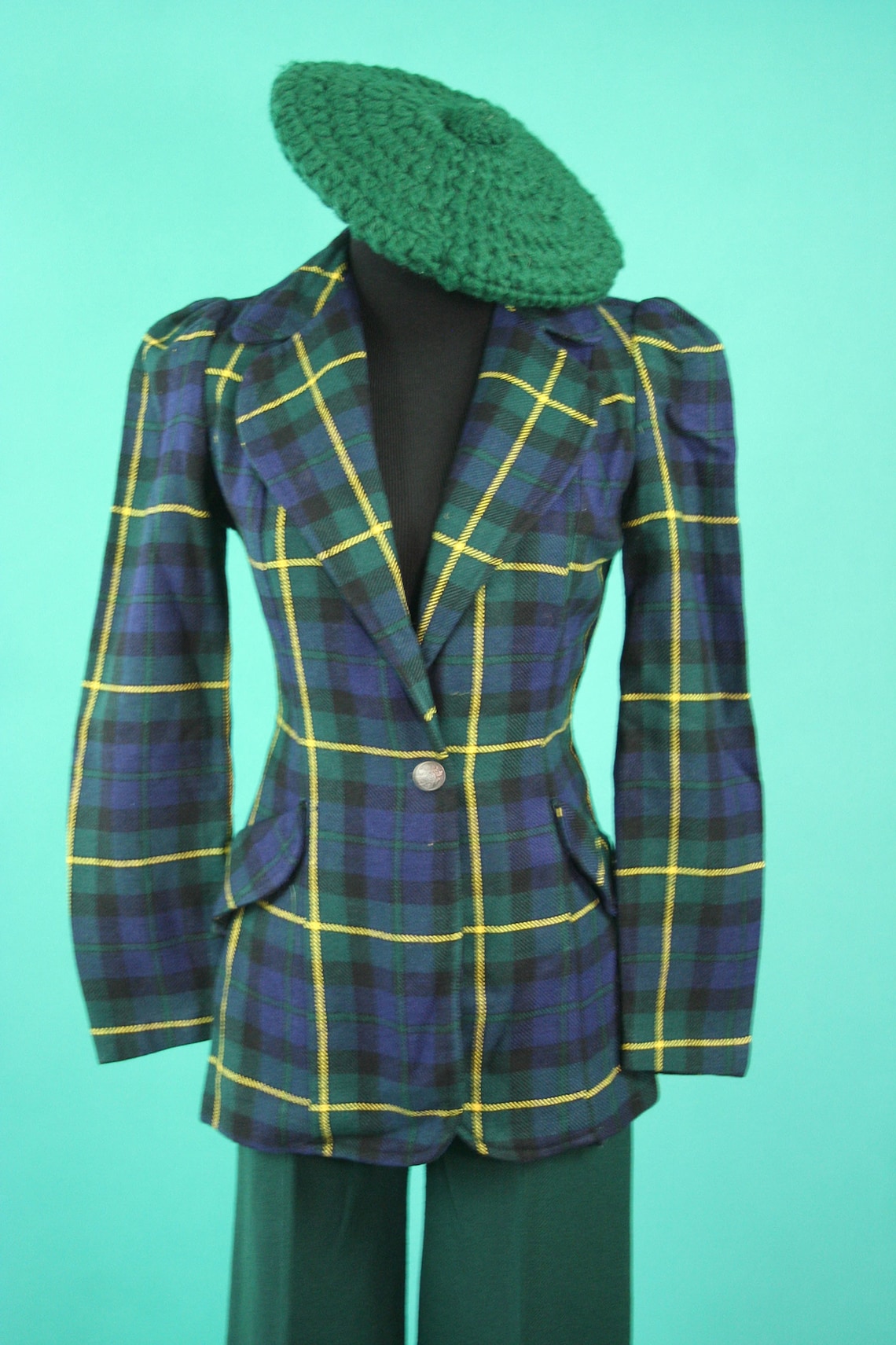 Blue Green and Yellow Plaid Blazer Checkered Jacket 70s Tartan Etsy