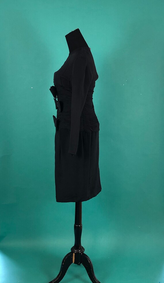 Black Sheer Bow Dress Vintage 90s Body con Ruched… - image 6