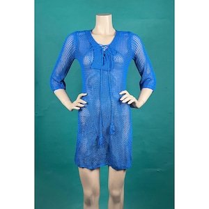 Vintage Kelly Blue Lace Up Crochet Slitted Pullover Beach Dress