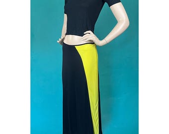 Falda midi asimétrica vintage VERSUS by Versace de tiro bajo en dos tonos, color canario y negro, años 90, cintura 30