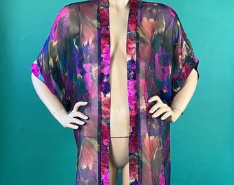 Vintage 80s Frederick’s of Hollywood Sheer Jewel Toned Floral Print Robe