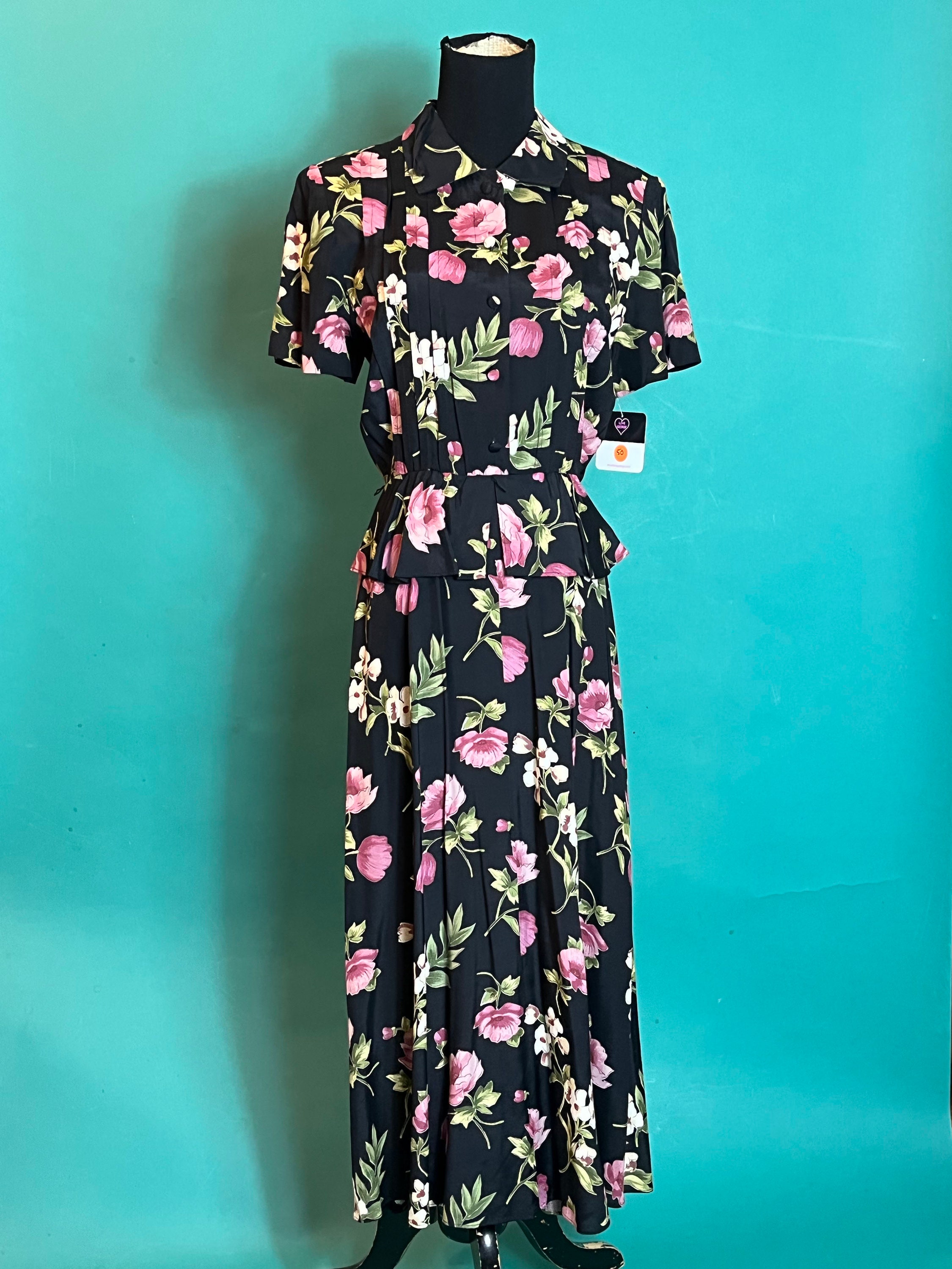 Vintage 1980s GORGEOUS Classy Button Up Pleated Collar Floral Calf Length Karin Stevens Petites Dress size 6