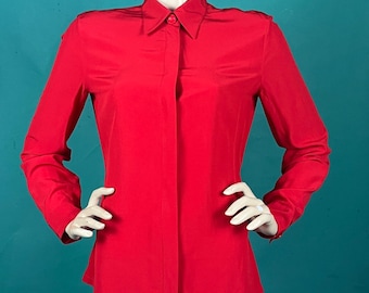 Vintage 90s Red Silk Gianni Versace Couture Long Sleeve Covered Placket Button Up Collared Medusa Blouse size 44