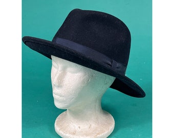 Vintage 80s Black Wool Felt New York Hat Flat Brim Western Cowboy Fedora Bowler Hat