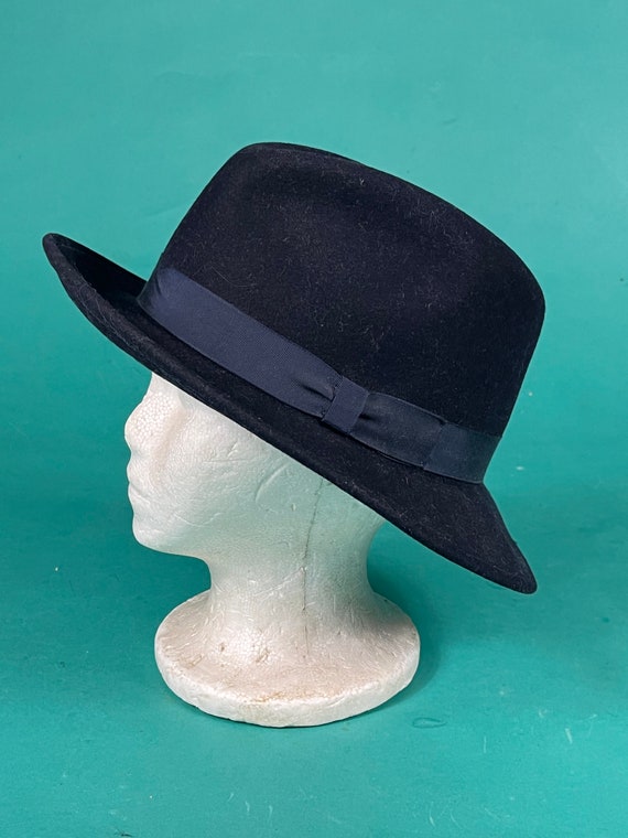 Vintage 80s Black Wool Felt New York Hat Flat Bri… - image 5