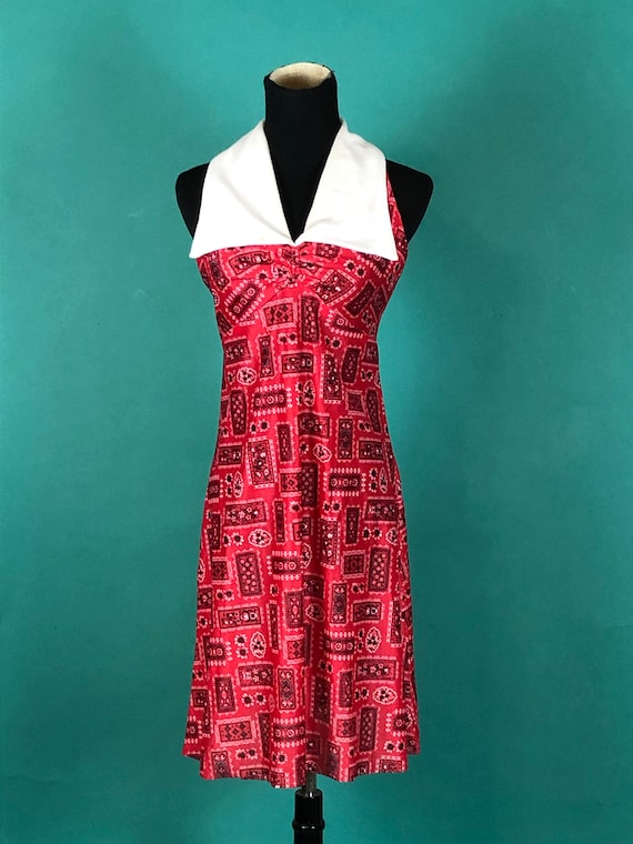 Red Bandana Shift Dress Vintage 70s Collared Slee… - image 2