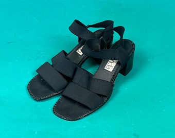 Vintage 90s Amanda Black Open Square Toe Elastic Strap Sling Back Chunky Heel Festival Summer Sandals size 8.5 M