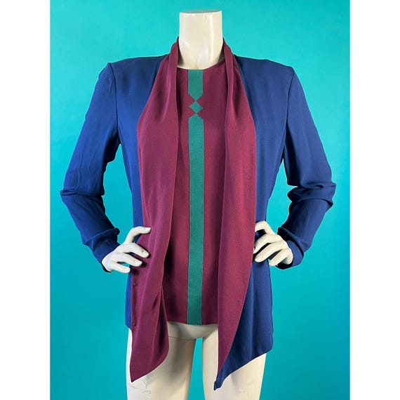 Versace, Vintage 90s Gianni Versace Couture Matching Navy Magenta Color Block Jeweled Silk Blouse Set size 44
