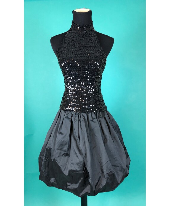 Black Sequins Halter Dress 80s Vintage Party Drop… - image 6