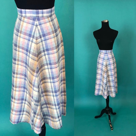 Teal and Purple Size 28 Waist Vtg 80/'s Does 50/'s Wool Plaid Skirt
