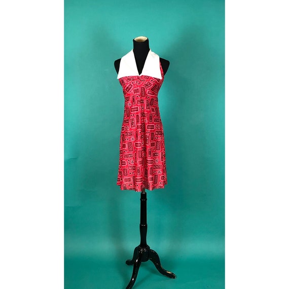 Red Bandana Shift Dress Vintage 70s Collared Slee… - image 1