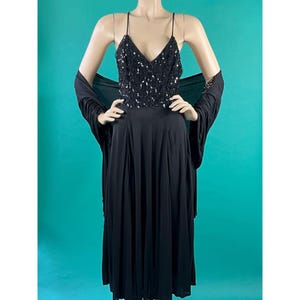 Vintage 90s Black Silk Sequins Spaghetti Cross Strap Silk Midi Evening Dress and Shawl