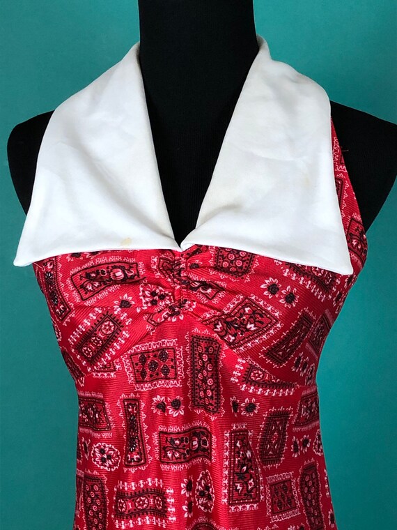 Red Bandana Shift Dress Vintage 70s Collared Slee… - image 3
