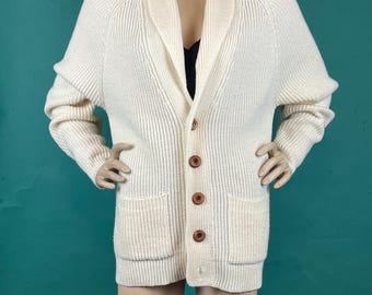 Vintage 80s Cream Thick Knit Pocket Button Up Pullover Cardigan size XL
