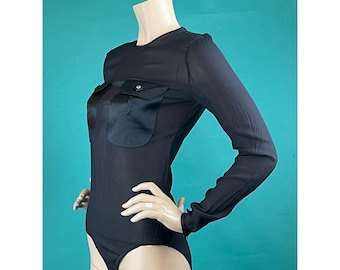 Rare Vintage 90s GIANNI VERSACE  Mint Condition Black Sheer Silk Pocket Long Sleeve One Piece Bodysuit