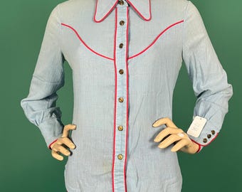 VTG 50s Bobbie Brooks Western Blue and Red Piping Collared Long Sleeve Button Up