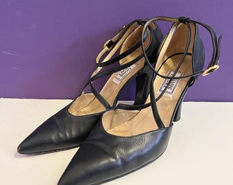 Tacones de carrete en bloque con tiras cruzadas en el tobillo, de piel auténtica, estilo vintage de los años 90, de Gianni VERSACE, hechos en Italia, talla 38 y media
