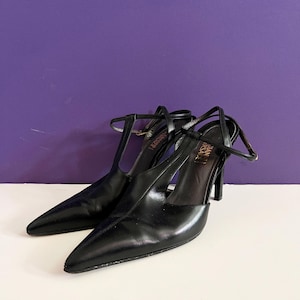 Vintage 90s AUTHENTIC Gianni Versace Black Medusa Real Leather T Strap Stiletto Sling Back Heels EU 39 size us 8