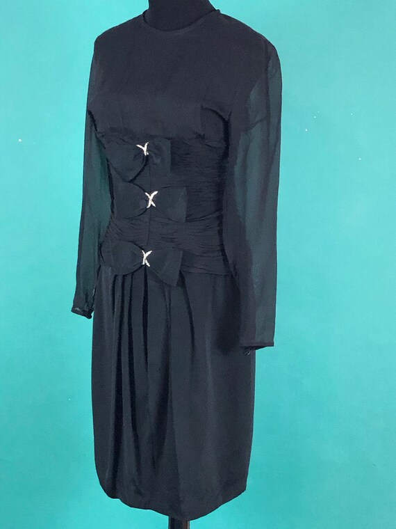 Black Sheer Bow Dress Vintage 90s Body con Ruched… - image 4